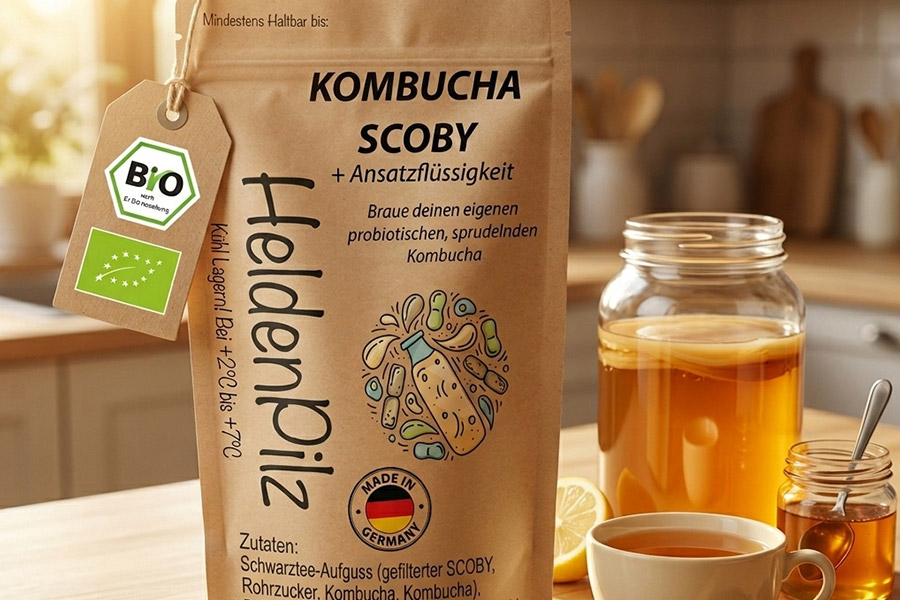HeldenPilz Kombucha Scoby
© HeldenPilz GmbH HeldenPilz Verkaufsverpackung Kombucha Scoby auf Tisch mit gefülltem Glas und Tasse