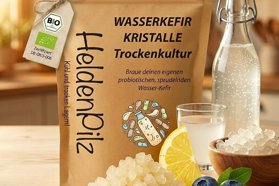 HeldenPilz Wasserkefir Kristalle Trockenkultur
© HeldenPilz GmbH HeldenPilz Verkaufsverpackung Wasserkefir Kristalle Trockenkultur auf Tisch mit gefüllter Flasche und Glas